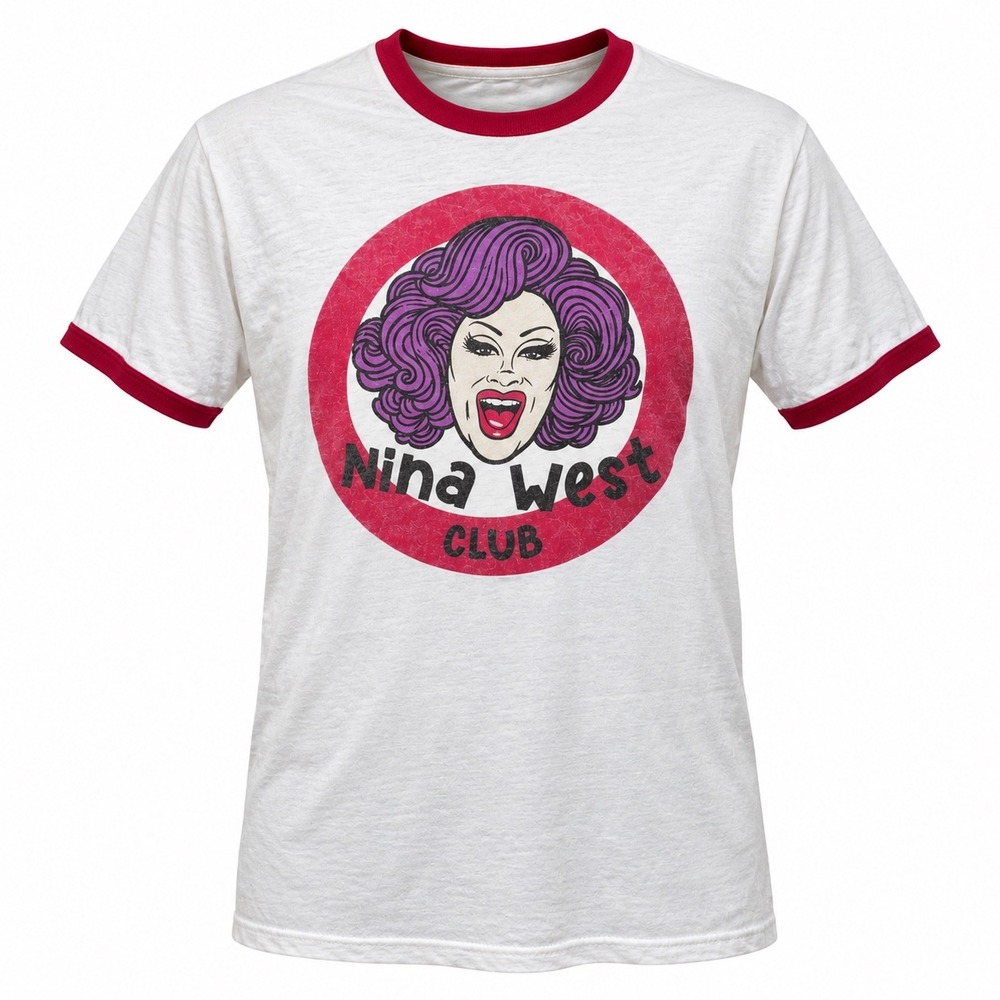 Nina West Club Graphic Ringer Tee Men's Small White Red Drag Queen T-Shirt